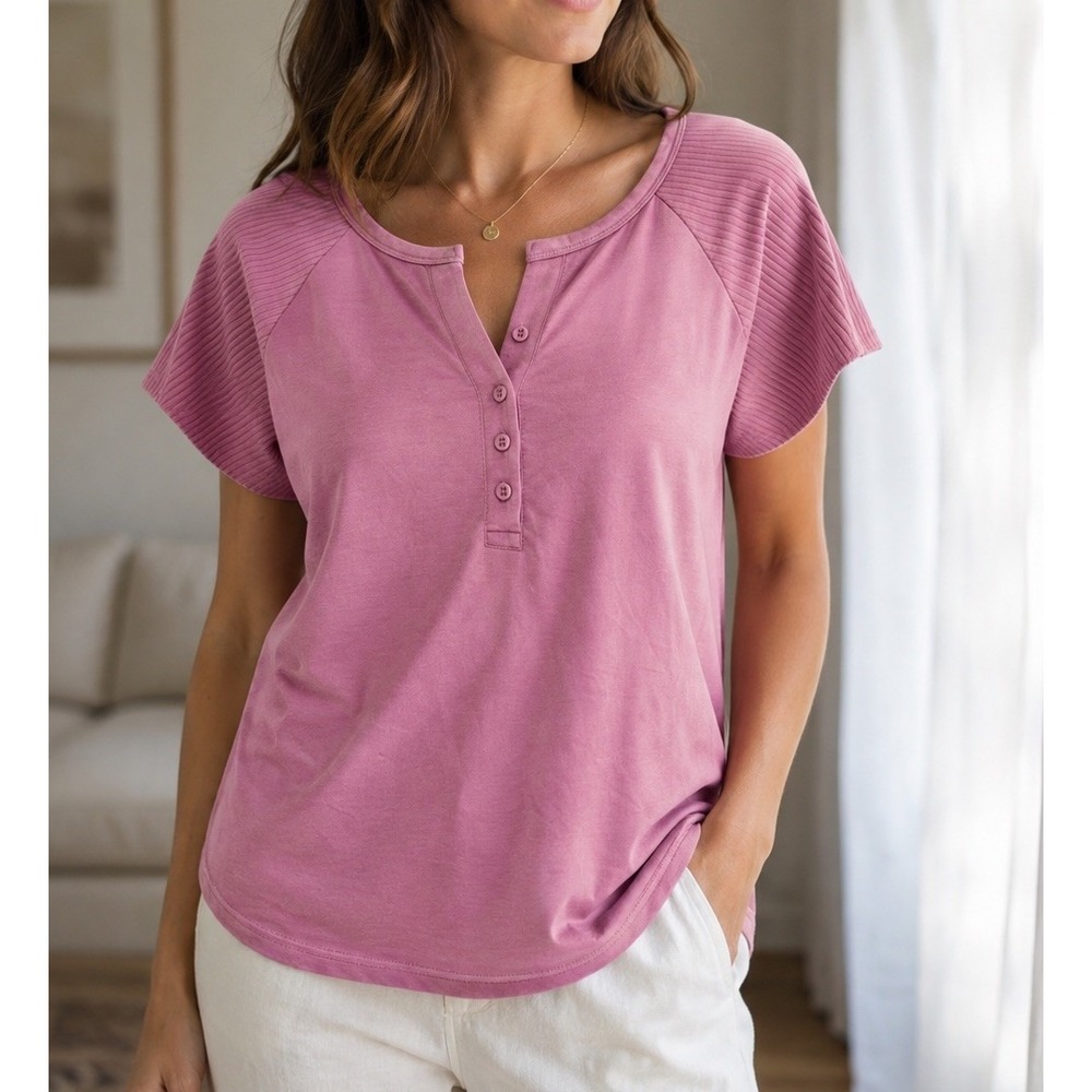 Jane + Delancey Anthropologie Womens M Pink Ribbed Cap Sleeve Henley Top NWT